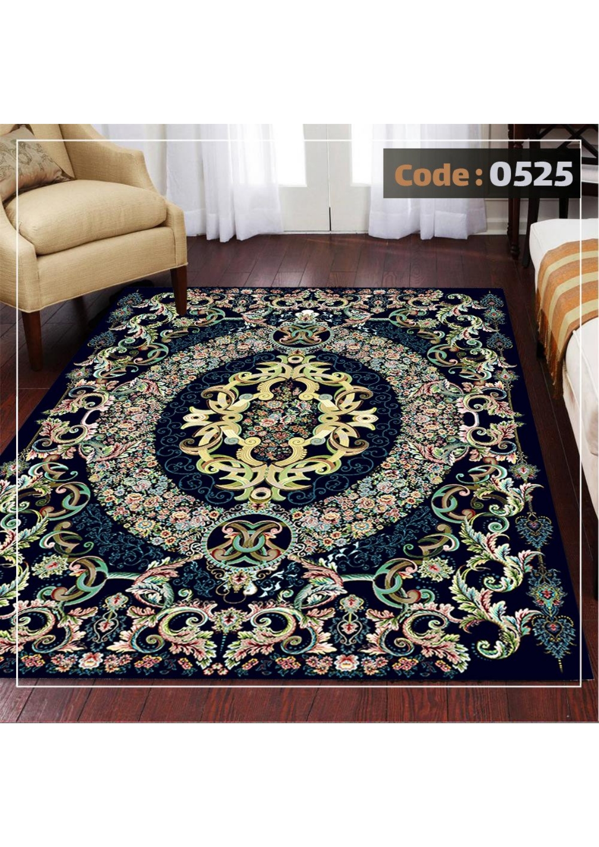 روفرشی کشدار نیلمانو شانل ترک گرم بالا طرح مدرن و کلاسیک و گلدار رنگ سورمه ای کد 0525 - Image 1
